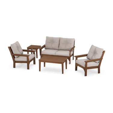 POLYWOOD Vineyard 5-Piece Deep Seating Set w/ Loveseat - Teak / Dune Burlap